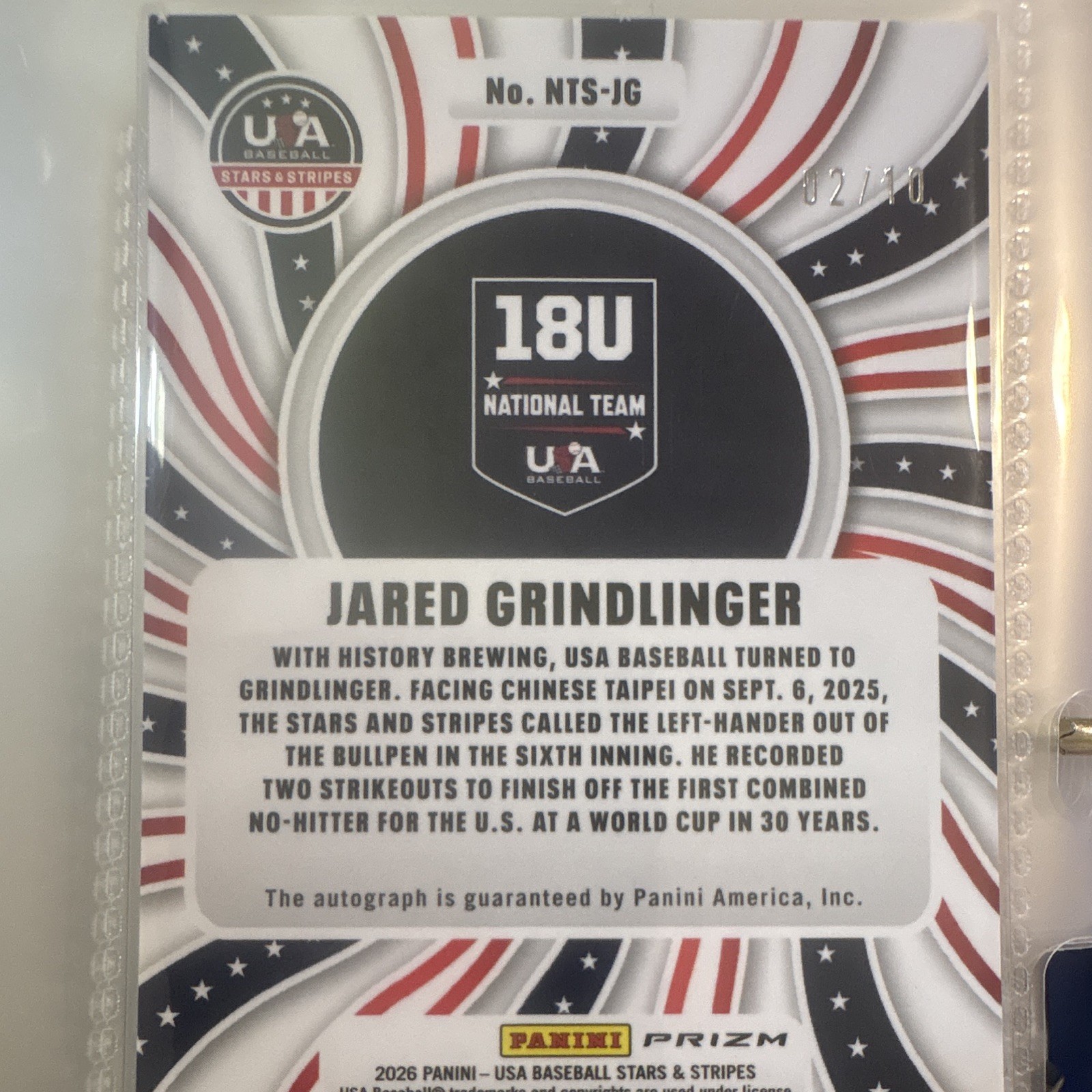 Panini 2026 Stars & Stripes Prizm Jared Grindlinger Auto Gold /10 #NTS-JG