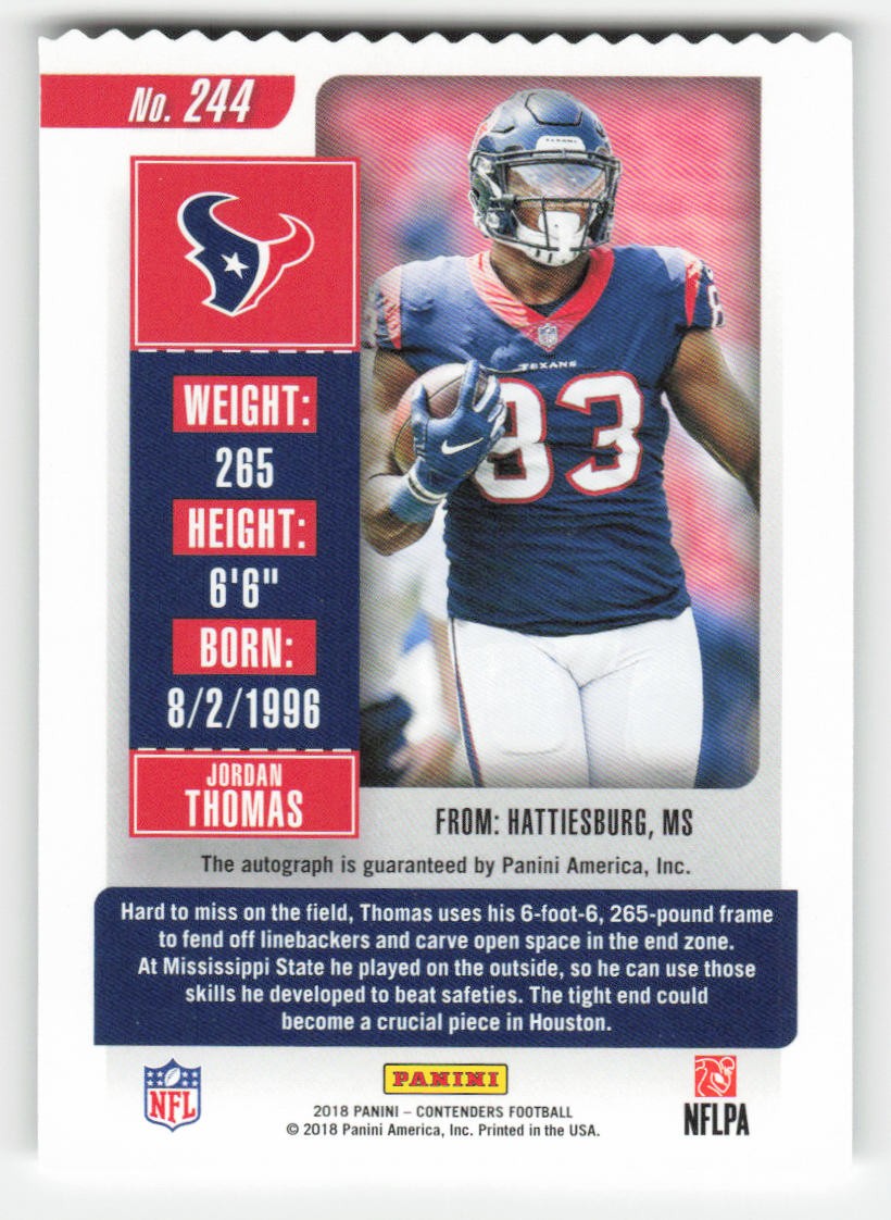 Jordan Thomas 2018 Panini Contenders Rookie Ticket Stub SN,AU #144 #/83 A23