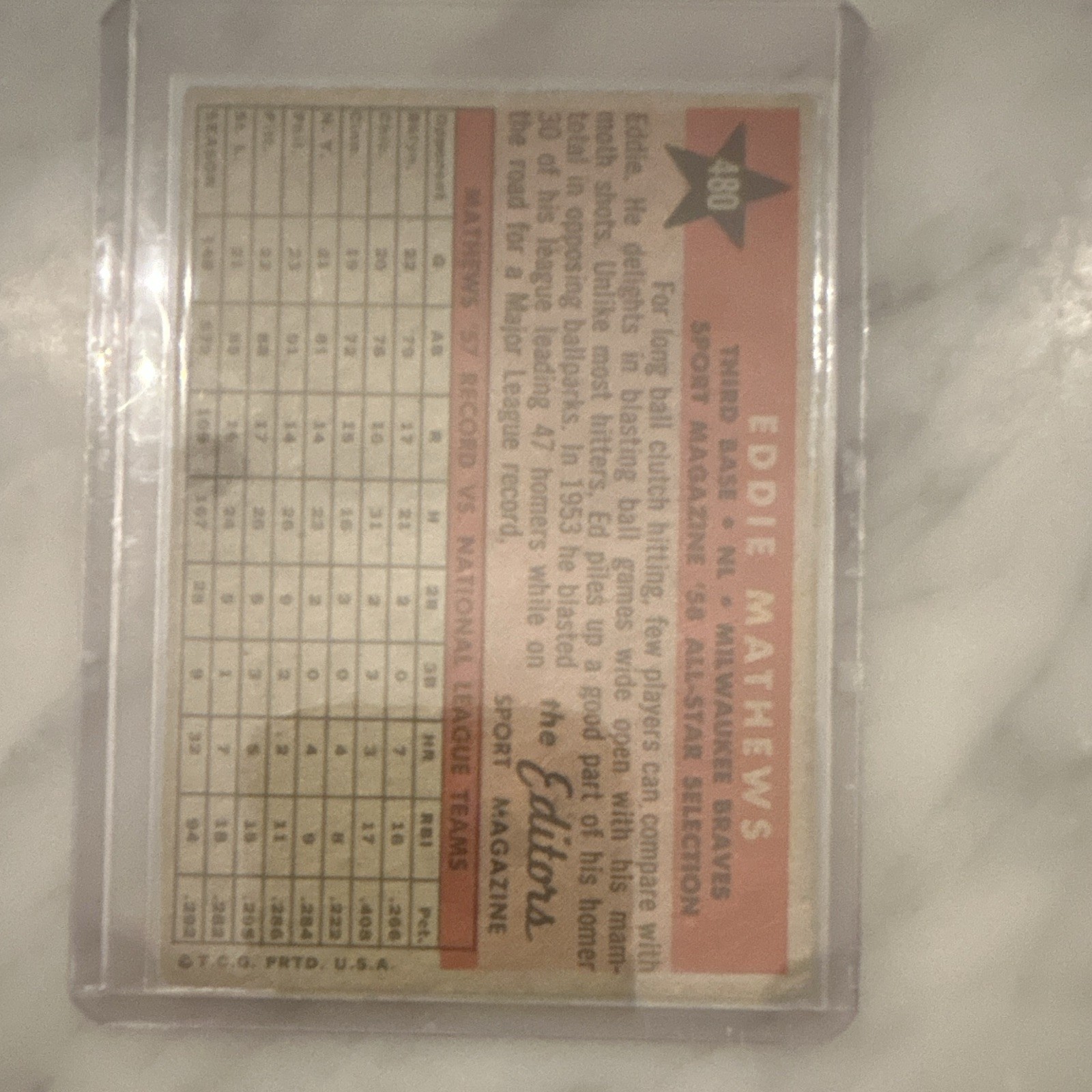 Topps 1958 Eddie Mathews #480 Sport Magazine ’58 All-Star Milwaukee Braves