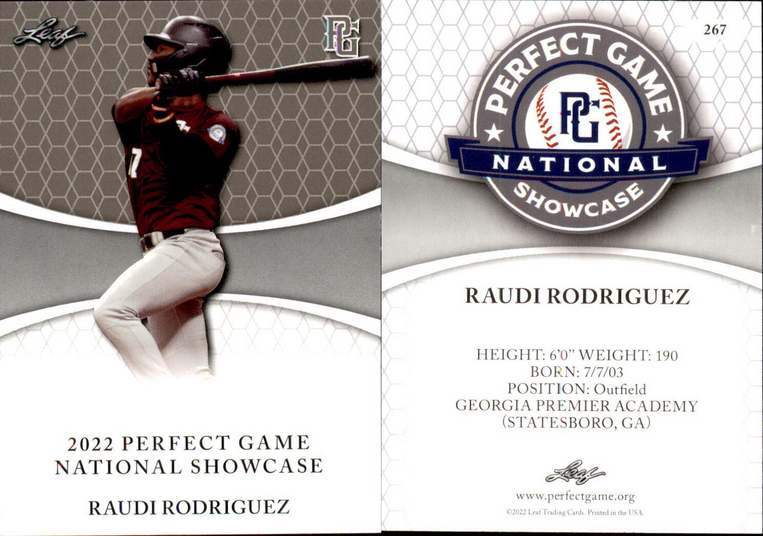 RAUDI RODRIGUEZ 2022 LEAF PERFECT GAME “National Showcase” ROOKIE CARD #267