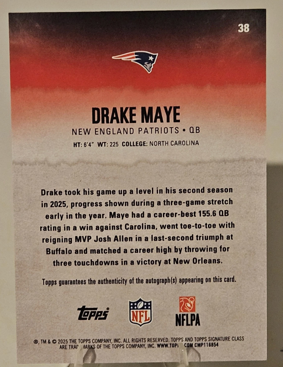 Drake Maye 2025 Topps Signature Class Autograph Round 1 Pick 3